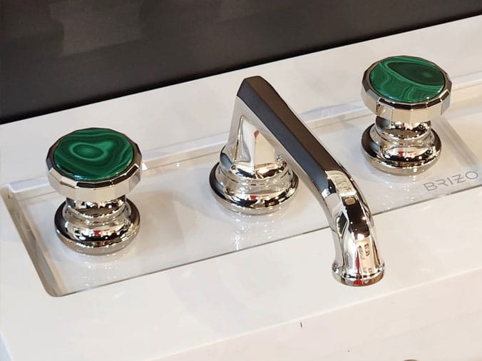 polished chrome sink faucet with emeral inlayed handles