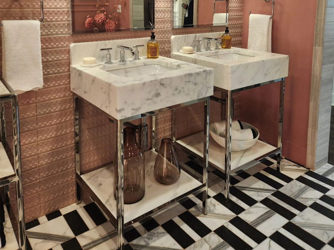 stone bathroom sinks with polished chrome faucets